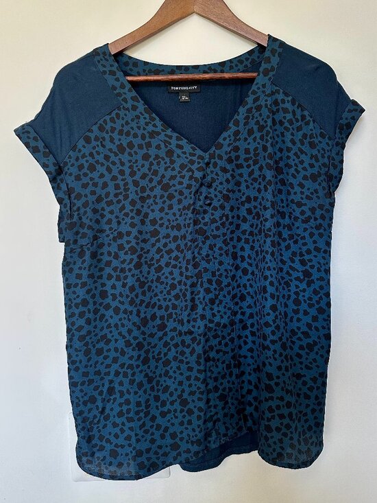 Fortune + Ivy Tops - Fortune + Ivy Teal Blue & Black Cheetah Print V-Neck Blouse in Size L 💙 🐆